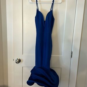 Size small electric blue spandex, form fitting prom or wedding guest dress.